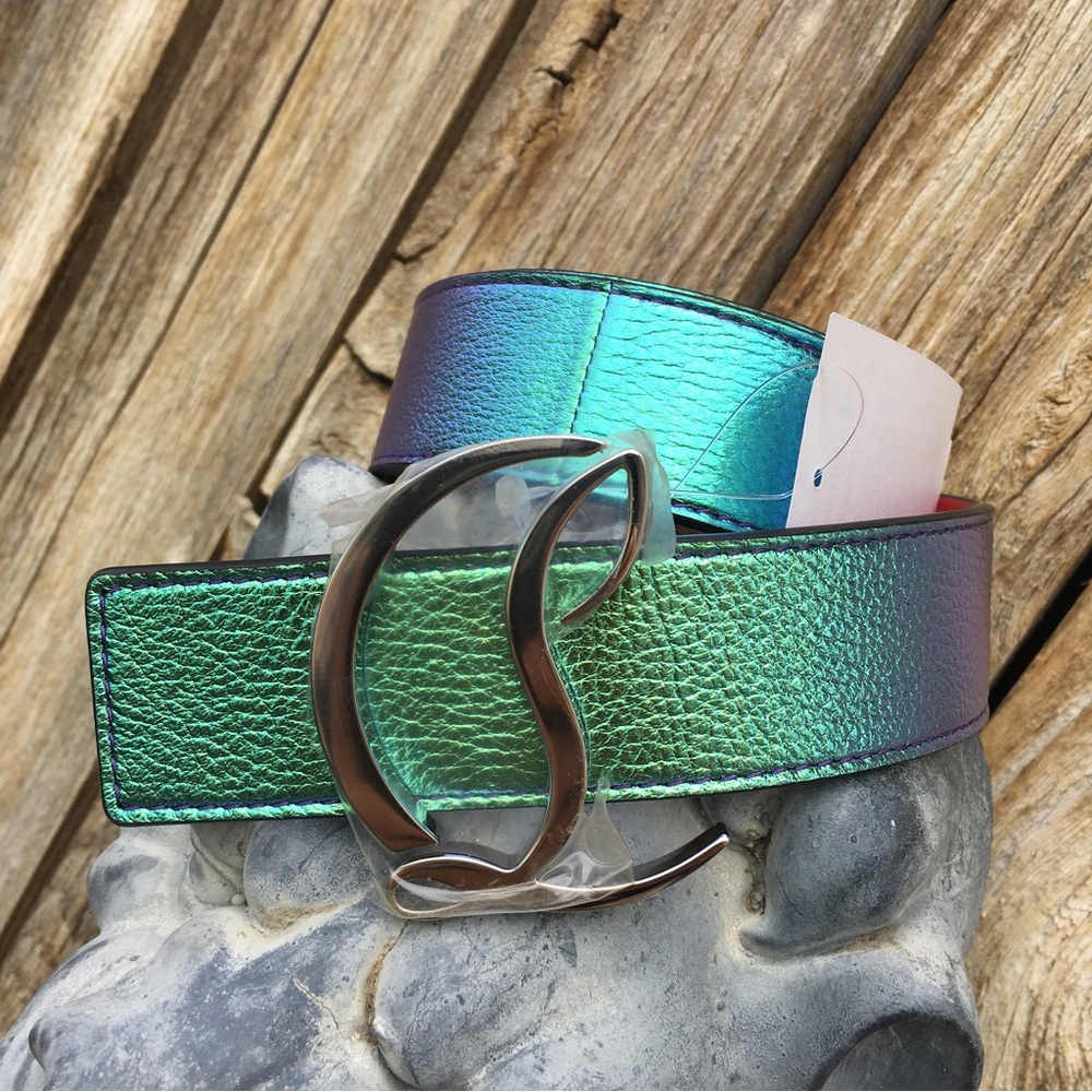 New Christian Louboutin Logo Buckle Iridescent Leather Belt Rainbow Silver 75 - Picture 5 of 16